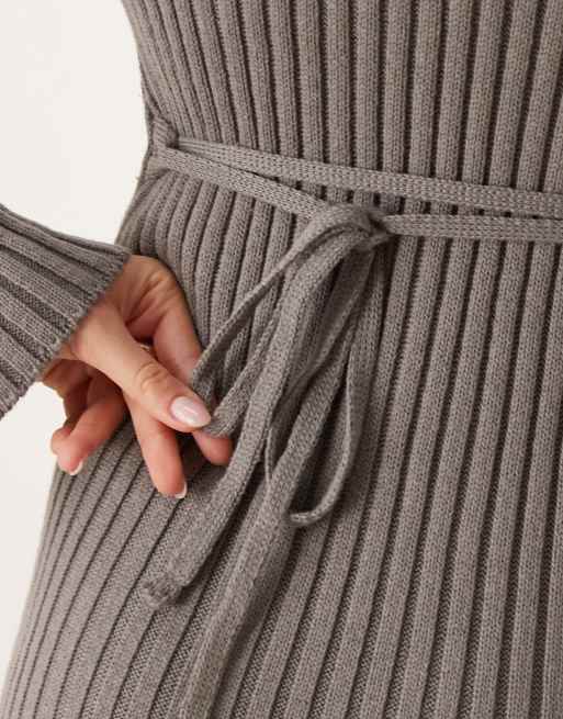 YAS - Robe longue côtelée avec liens à la taille et manches évasées - Gris, 3 de 4