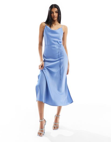 YAS - Robe longue de demoiselle d'honneur en satin avec taille nouée - Bleu - view 1
