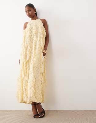 YAS - Robe longue dos nu à volants - Jaune pâle à pois