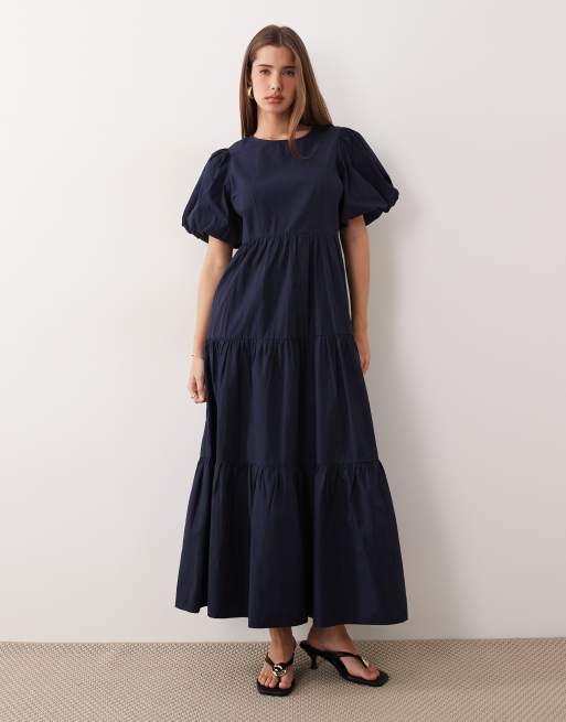 YAS - Robe longue en coton à manches volumineuses et volants étagés - Bleu marine