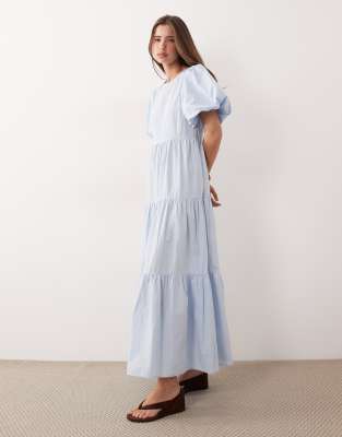 Robe longue en coton à manches volumineuses et volants étagés - Bleu pastel L