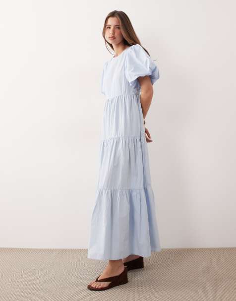 YAS - Robe longue en coton à manches volumineuses et volants étagés - Bleu pastel - view 1