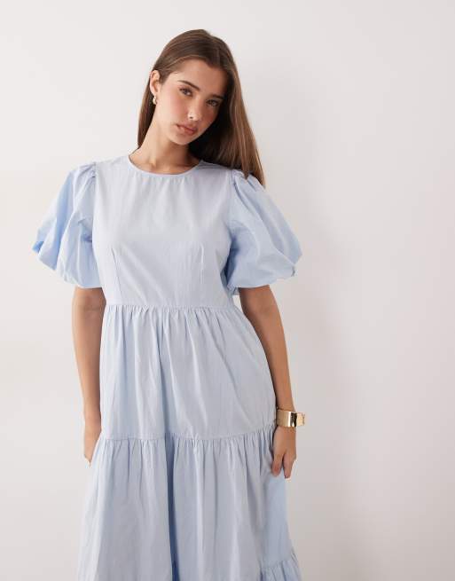 YAS - Robe longue en coton à manches volumineuses et volants étagés - Bleu pastel, 2 de 4