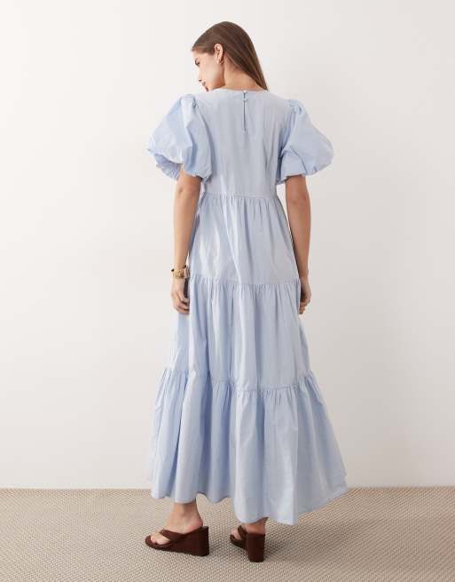 YAS - Robe longue en coton à manches volumineuses et volants étagés - Bleu pastel, 3 de 4