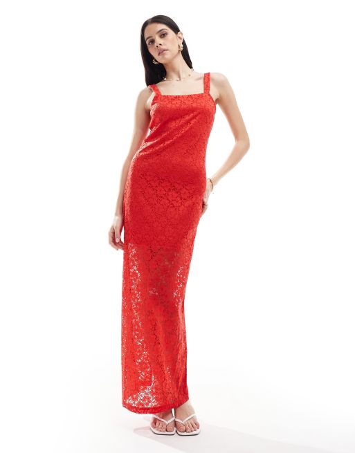Y.A.S - Robe longue en dentelle avec fente dans le dos - Rouge