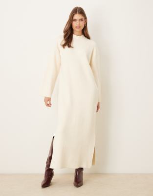 Robe longue en maille à encolure montante - Crème-Blanc XL