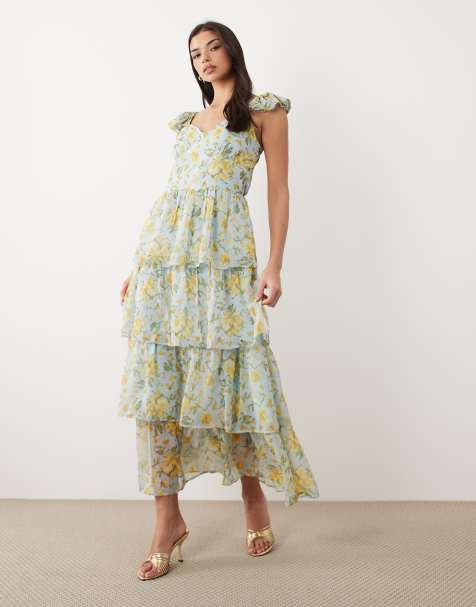 YAS - Robe longue en mousseline à volants étagés et manches évasées - Imprimé fleurs pastel - view 1