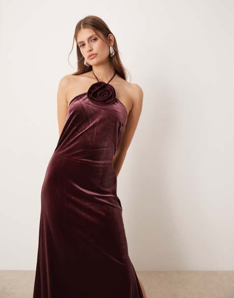 YAS - Robe longue en velours avec dos nu et détail rose - Bordeaux - view 1