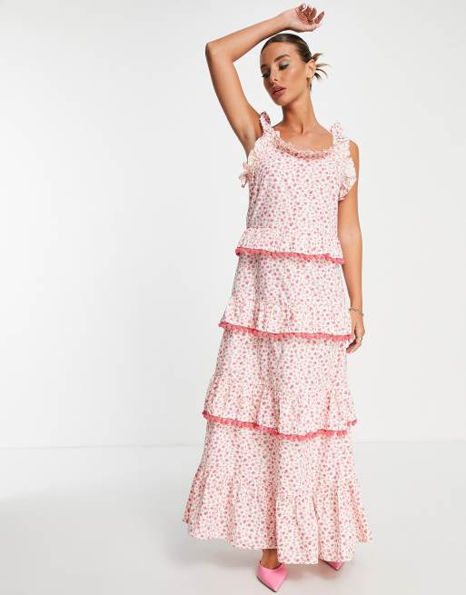 Y.A.S - Robe longue étagée à fleurs et pompons - Rose