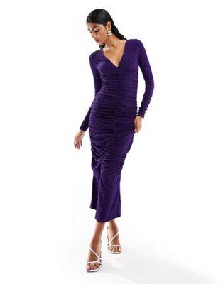 Y.A.S ruched front maxi dress with crackle glitter in purple - ASOS Price Checker