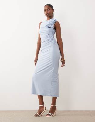 Robe longue froncée près du corps avec rosette - Bleu pâle S