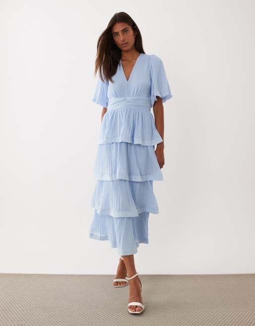 YAS - Robe longue plissée à volants étagés - Bleu pâle