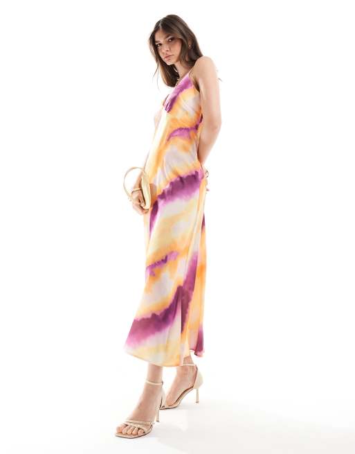 Y.A.S - Robe longue rayée en satin à col V - Coucher de soleil aquarelle