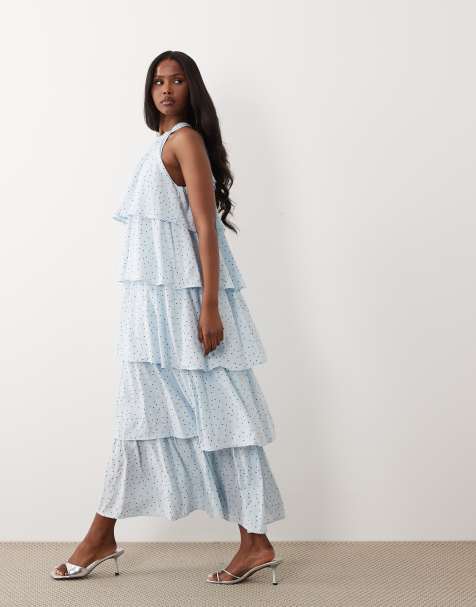 YAS - Robe longue volumineuse à volants étagés - Bleu clair à pois - view 1