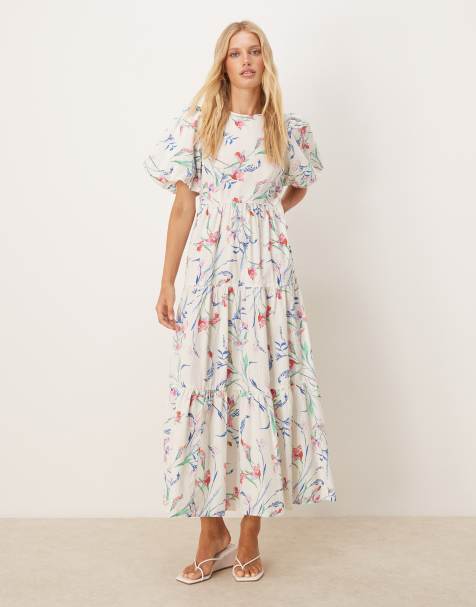 YAS - Robe mi-longue à fleurs avec manches bouffantes - Crème - view 1