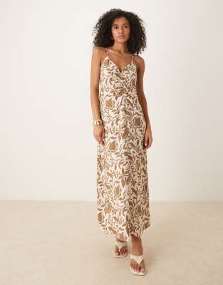YAS - Robe mi-longue à fleurs et détails froncés - Marron - view 1