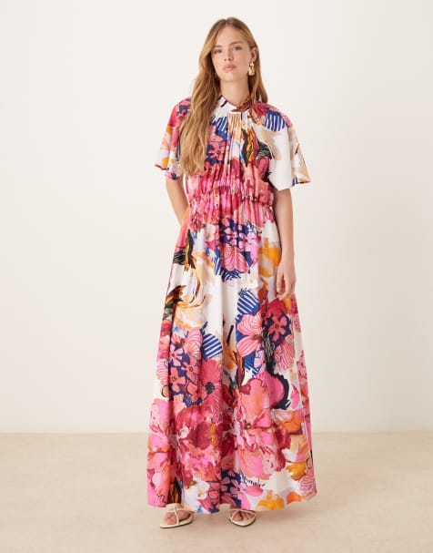 YAS - Robe mi-longue à manches évasées et imprimé floral abstrait - Rose - view 1