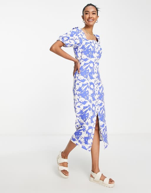 Y.A.S - Robe mi-longue avec fermeture éclair sur le devant - Bleu fleuri