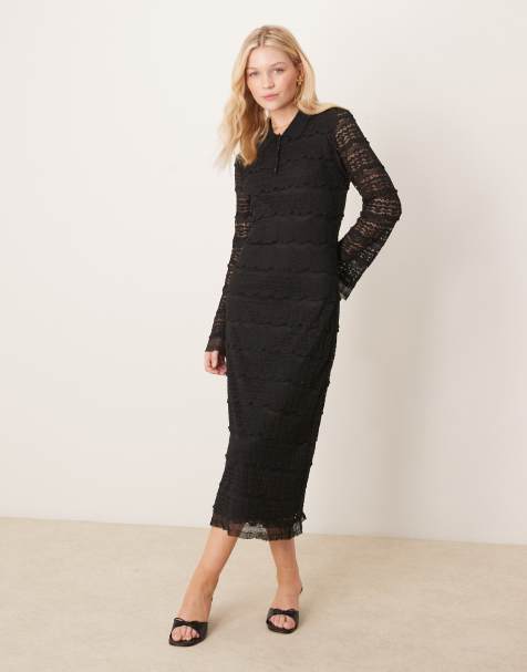 YAS - Robe mi-longue en dentelle texturée à col polo - Noir - view 1