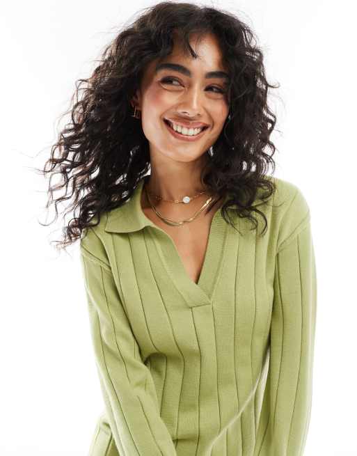 YAS - Robe mi-longue en maille à larges côtes et col polo ouvert - Vert, 2 de 4