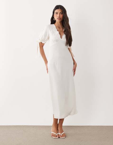 YAS - Robe mi-longue en satin à col en V, manches nouées et bords en dentelle - Blanc - view 1