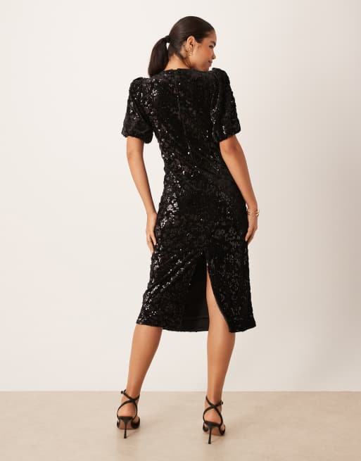 YAS - Robe mi-longue en sequins avec manches bouffantes - Noir, 3 de 4