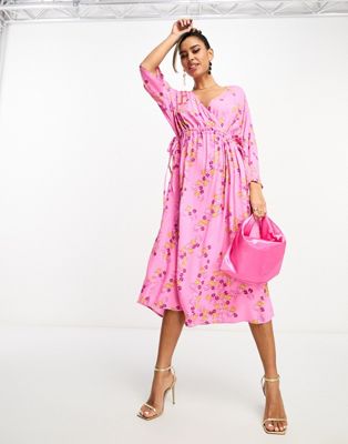 Y.A.S ruched side midi dress in pink floral print - ASOS Price Checker
