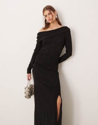 YAS - Robe mi-longue pailletée à épaules dénudées et fente sur la jambe - Noir