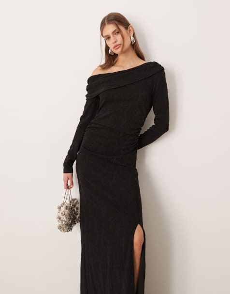 YAS - Robe mi-longue pailletée à épaules dénudées et fente sur la jambe - Noir - view 1