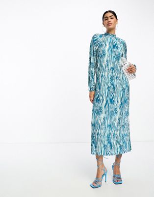 Y.A.S cut out plisse midi dress in blue wave print - ASOS Price Checker