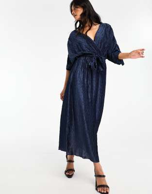 Y.A.S - Robe mi-longue plissée nouée à la taille - Bleu marine intense | ASOS