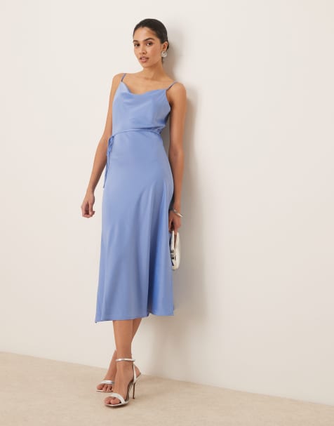YAS - Robe mi-longue satinée à bretelles - Bleu clair - view 1