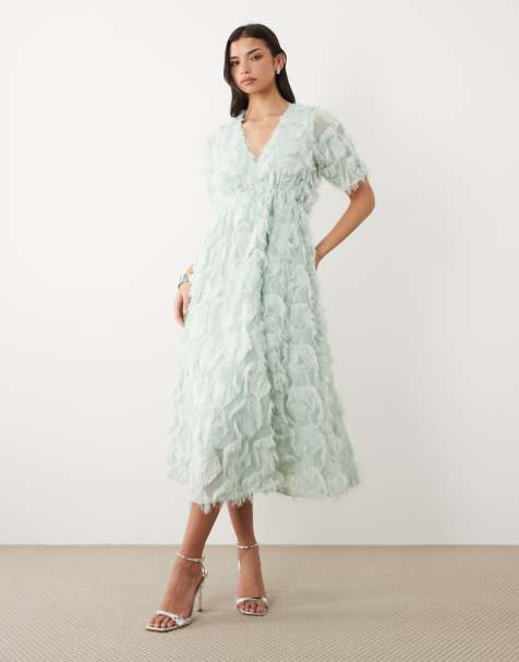 YAS - Robe mi-longue texturée à col V - Vert sauge - view 1