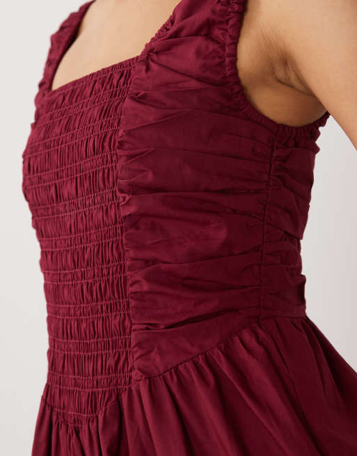 YAS robe midi à corsage smocké style milkmaid à jupe ample bordeaux, 2 de 4
