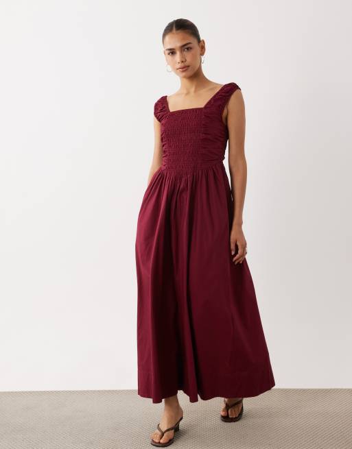 YAS robe midi à corsage smocké style milkmaid à jupe ample bordeaux, 3 de 4
