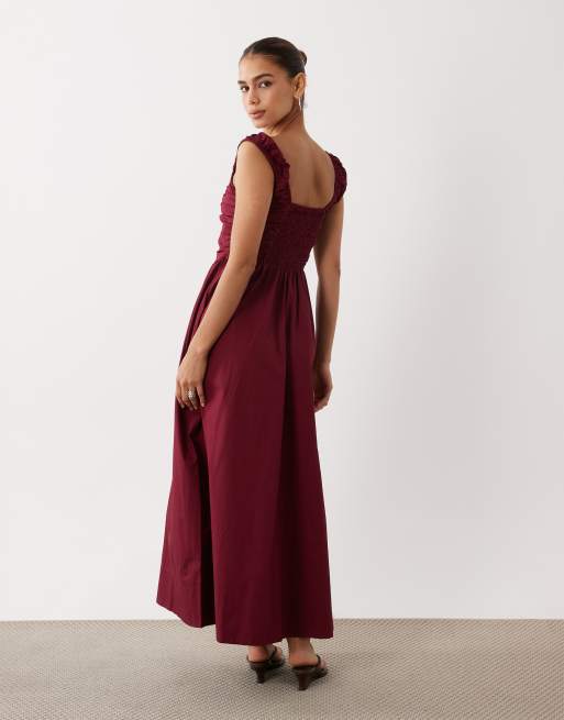 YAS robe midi à corsage smocké style milkmaid à jupe ample bordeaux, 4 de 4
