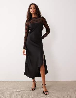 Robe nuisette hybride en dentelle et satin avec top à col montant - Noir 36