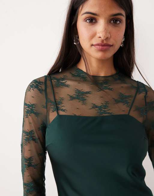 YAS - Robe nuisette hybride en dentelle et satin avec top à col montant - Vert foncé, 3 de 4