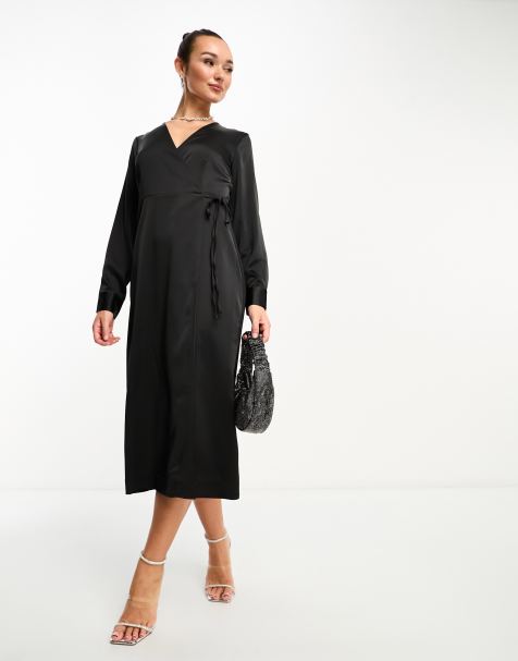 Y.A.S - Robe portefeuille longue en satin - Noir - view 1
