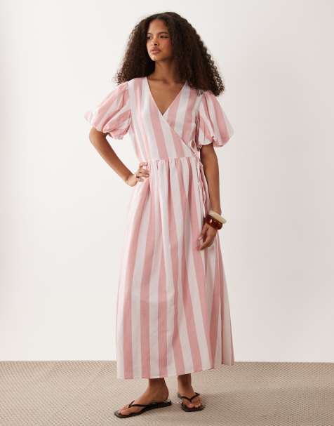 YAS - Robe portefeuille mi-longue à rayures avec jupe évasée et manches bouffantes - Rose et blanc - view 1