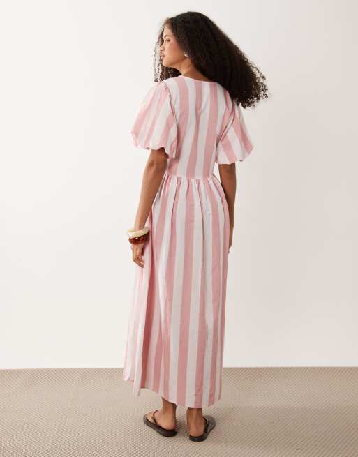 YAS - Robe portefeuille mi-longue à rayures avec jupe évasée et manches bouffantes - Rose et blanc, 4 de 4