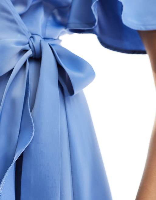 Y.A.S - Robe portefeuille mi-longue de demoiselle d'honneur en satin - Bleu, 2 de 4
