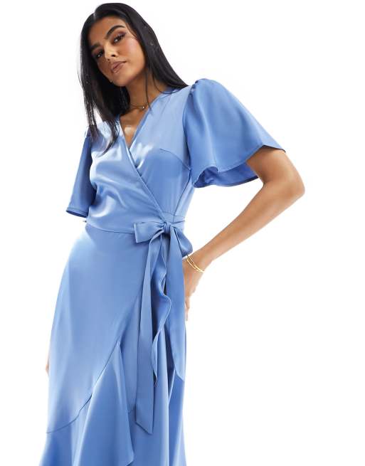 Y.A.S - Robe portefeuille mi-longue de demoiselle d'honneur en satin - Bleu, 3 de 4