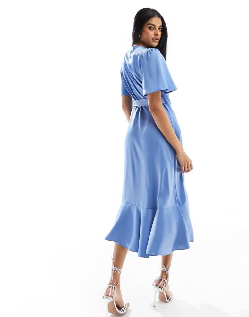 Y.A.S - Robe portefeuille mi-longue de demoiselle d'honneur en satin - Bleu, 4 de 4