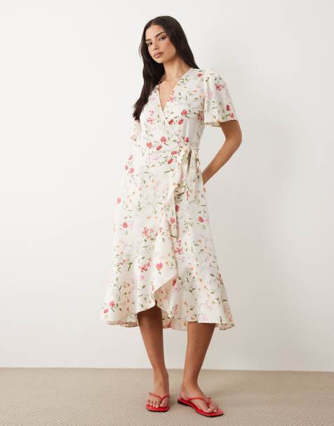 YAS - Robe portefeuille mi-longue en satin à imprimé fleurs champêtres - Blanc - view 1