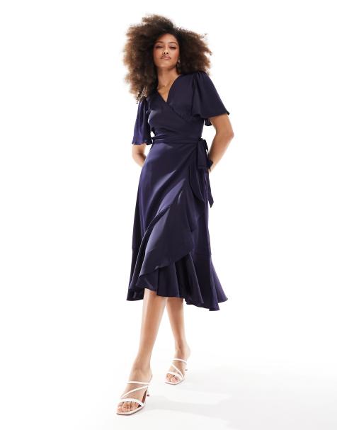 Y.A.S - Robe portefeuille mi-longue en satin - Bleu marine - view 1