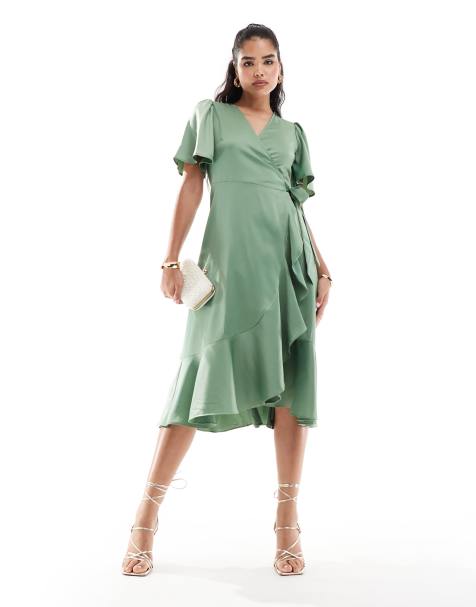 YAS - Robe portefeuille mi-longue en satin - Vert - view 1