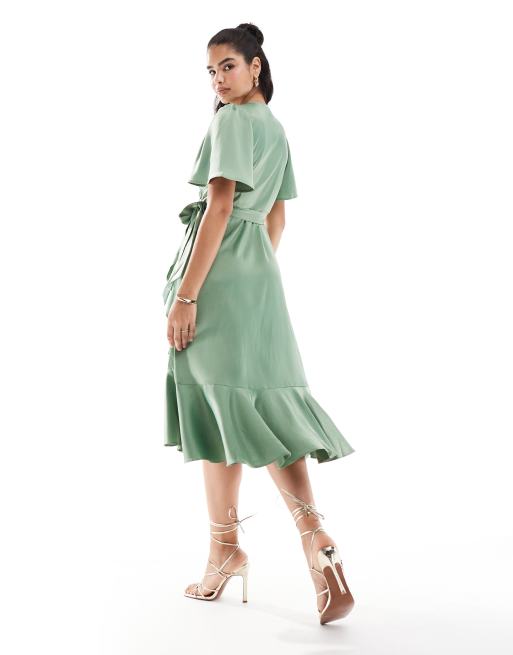 YAS - Robe portefeuille mi-longue en satin - Vert, 4 de 4