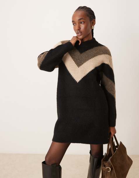 YAS - Robe pull courte en maille à chevrons - Noir - view 1
