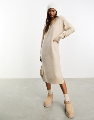 Y.A.S v neck knitted jumper dress in oatmeal - ASOS Price Checker